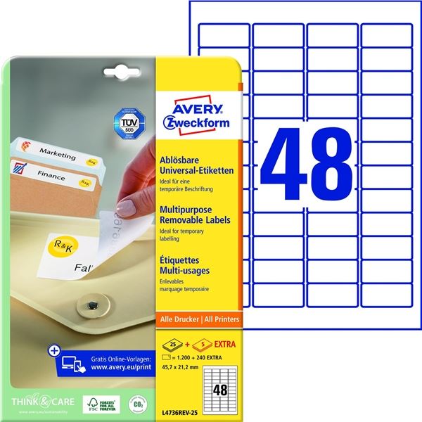 Snímatelné etikety, bílé, 45,7 x 21,2 mm, 1440 ks Snímatelné etikety, bílé, 45,7 x 21,2 mm, 1440 ks