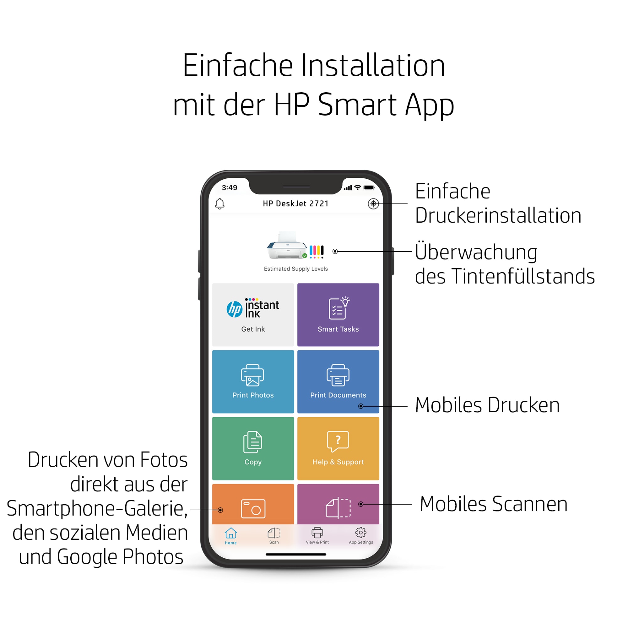 HP DeskJet 2721 Thermal Inkjet A4 4800 x 1200 DPI 7,5 Seiten pro Minute WLAN