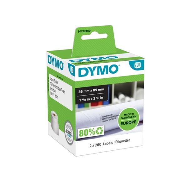 Papírové štítky Dymo LW, 89x36 mm, bílé, 2x 260 ks Papírové štítky Dymo LW, 89x36 mm, bílé, 2x 260 ks