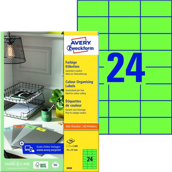 Univerzální etikety zelené, 70 x 37 mm, 2400 ks