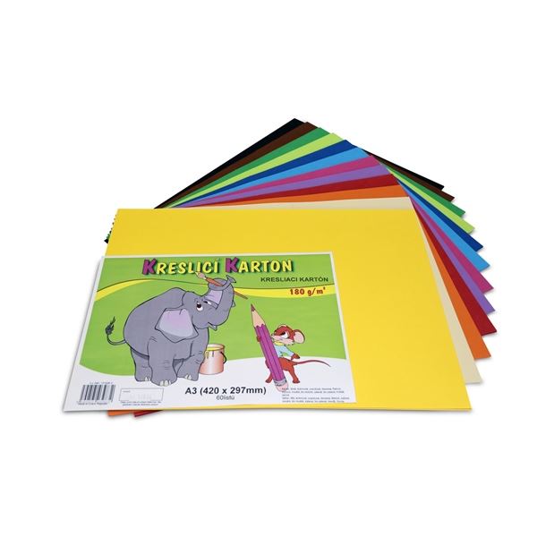 Kreslicí karton A3 bar., 180g/m2,60 listů,12 barev Kreslicí karton A3 bar., 180g/m2,60 listů,12 barev