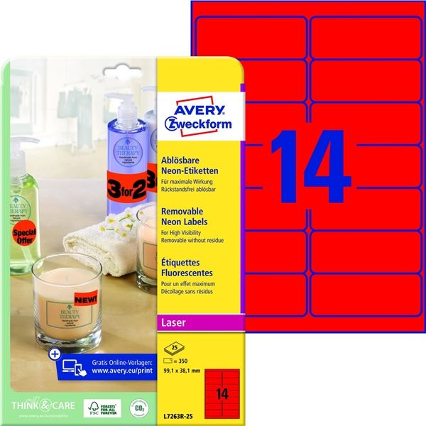 Neonové etikety, červené, 99,1 x 38,1 mm, 350 ks